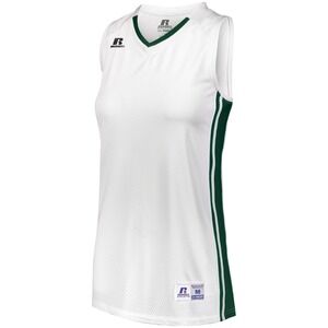 Russell Athletic White and Dark Green Women’s Basketball Jersey